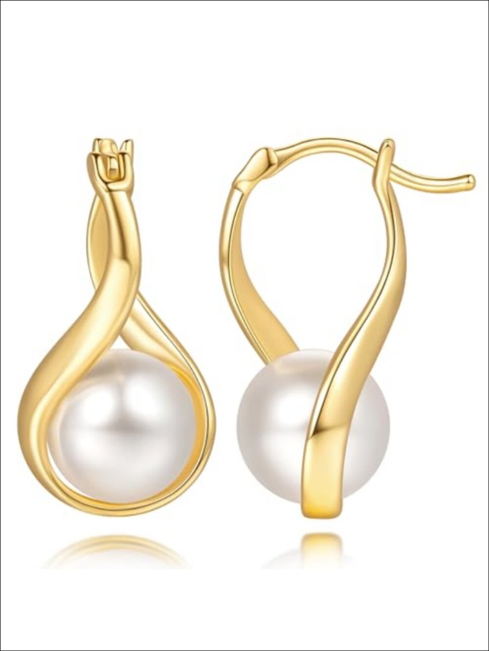14K Gold Plated Hoop Earrings with Pearl Teardrop Hinged Hoop